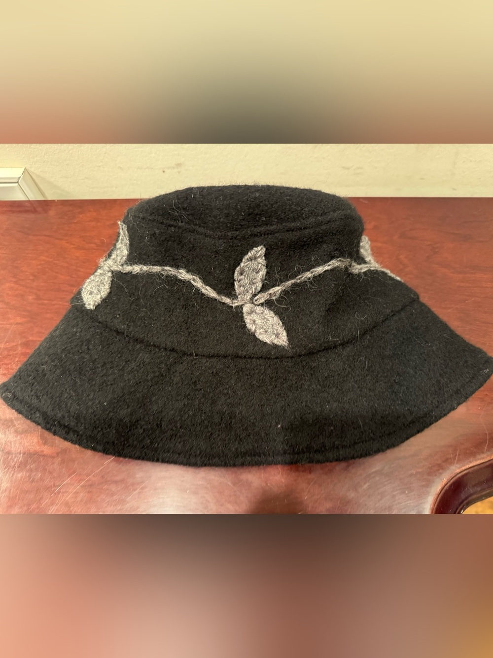 Women’s 100% Wool Black Bucket Hat with Crocheted Leaves